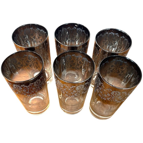MCM Dorothy Thorpe Style Highball Glasses Silver Fade Filigree Barware 6 Pc Set - Picture 3 of 16